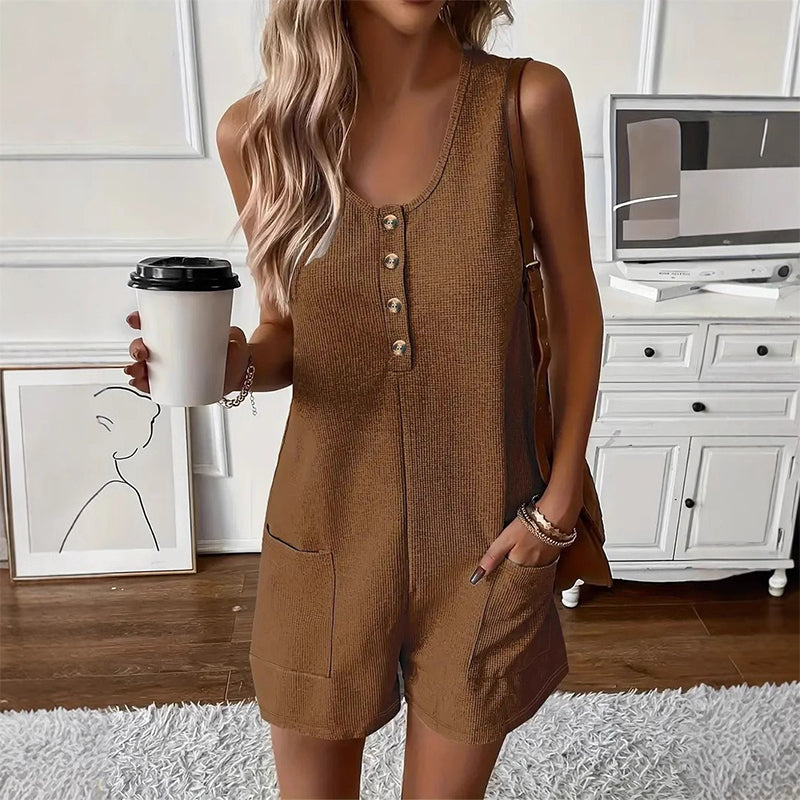 Willowday โ Sleeveless Button-Front Waffle Knit Romper with Pockets + 50% OFF