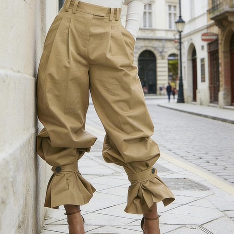 Pleatelle โ High-Waist Pleated Lantern Pants with Ruffled Tie Cuffs + 50% OFF
