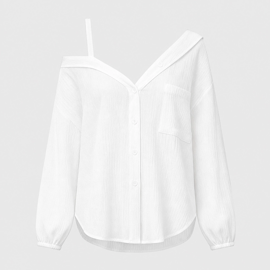 Drapelle™ – Asymmetric Cold-Shoulder Crinkle Button-Down Blouse + 50% OFF