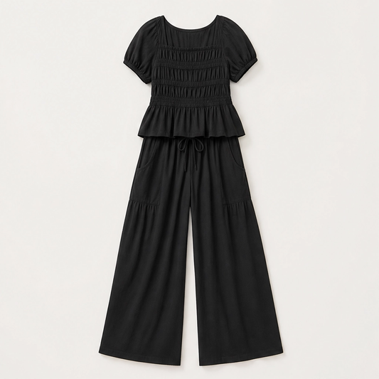 Amaryse – Smocked Peplum Top & Wide-Leg Pocket Pants Set + 50% OFF