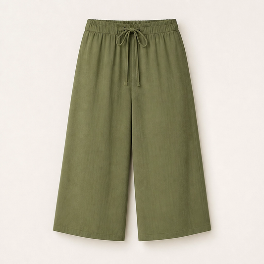 Solene – Flowy Lightweight Wide-Leg Drawstring Knee-Length Trousers + 50% OFF