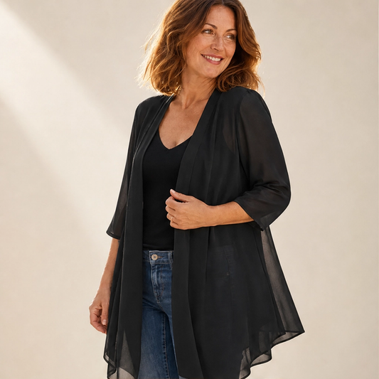 Gossamer – Sheer Chiffon Open-Front Cardigan with 3/4 Sleeves + 50% OFF