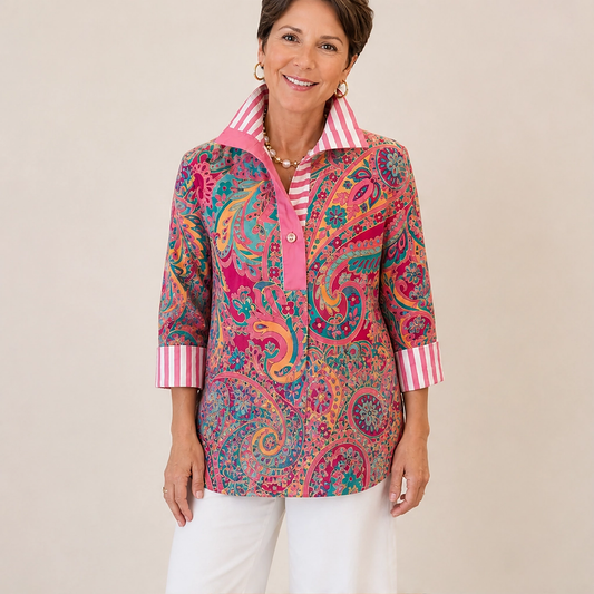 Poplyn – Paisley Popover Shirt with Striped Turn-Back Cuffs + 50% OFF