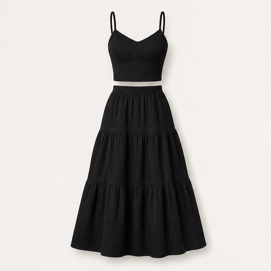 Solène – Tiered Crinkle Two-Piece Cami Top & Maxi Skirt Set + 50% OFF