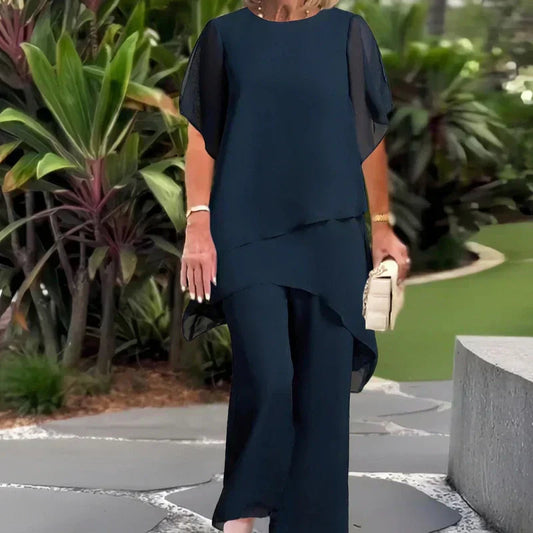 Solenne – Double-Layer Chiffon Top & Wide-Leg Pants Set + 50% OFF