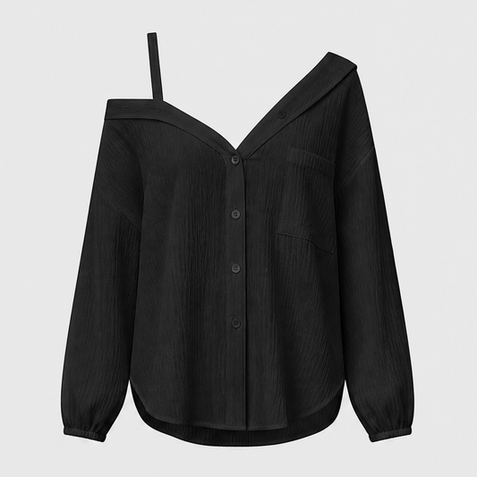 Drapelle™ – Asymmetric Cold-Shoulder Crinkle Button-Down Blouse + 50% OFF