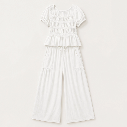 Amaryse – Smocked Peplum Top & Wide-Leg Pocket Pants Set + 50% OFF