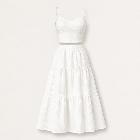 Solène – Tiered Crinkle Two-Piece Cami Top & Maxi Skirt Set + 50% OFF