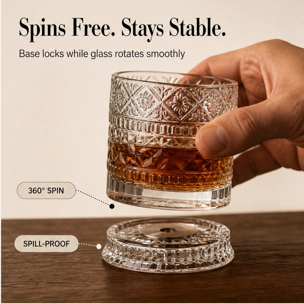 Caskwell™ – 360° Rotating Embossed Crystal Whiskey Tumbler + 50% OFF