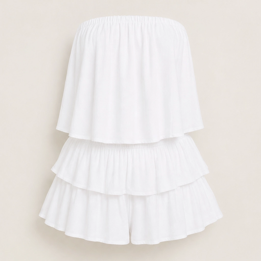 Solera – Strapless Smocked Ruffle Romper with Lined Shorts + 50% OFF