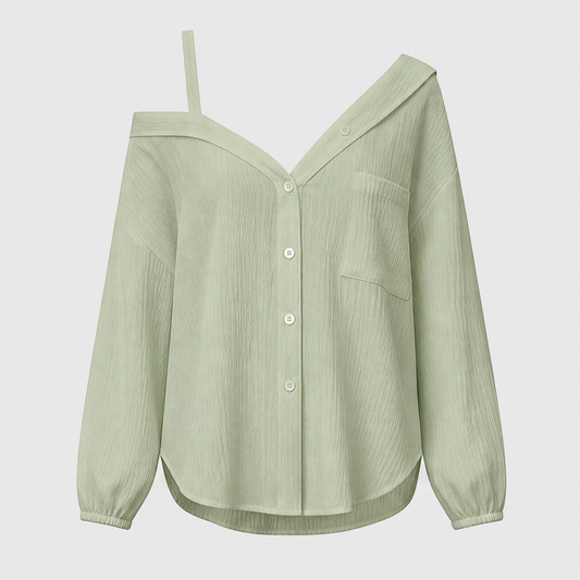 Drapelle™ – Asymmetric Cold-Shoulder Crinkle Button-Down Blouse + 50% OFF