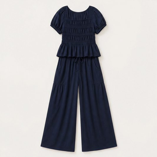 Amaryse – Smocked Peplum Top & Wide-Leg Pocket Pants Set + 50% OFF