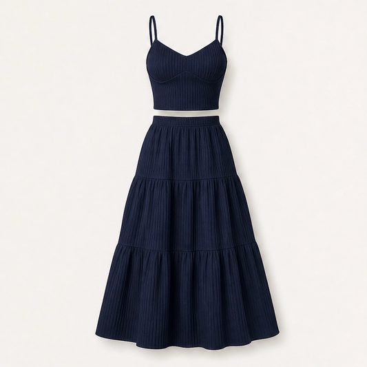 Solène – Tiered Crinkle Two-Piece Cami Top & Maxi Skirt Set + 50% OFF