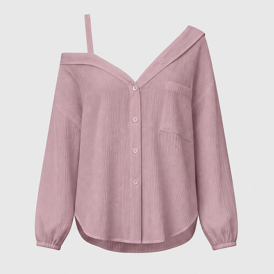 Drapelle™ – Asymmetric Cold-Shoulder Crinkle Button-Down Blouse + 50% OFF