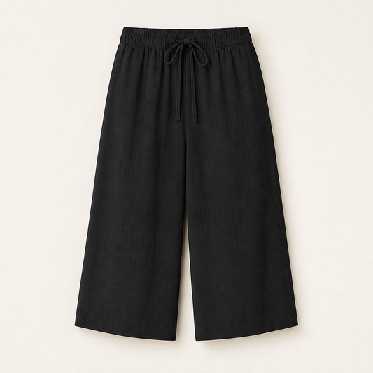 Solene – Flowy Lightweight Wide-Leg Drawstring Knee-Length Trousers + 50% OFF