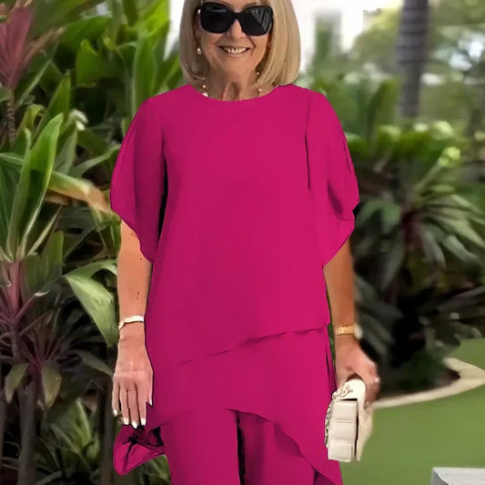 Solenne – Double-Layer Chiffon Top & Wide-Leg Pants Set + 50% OFF