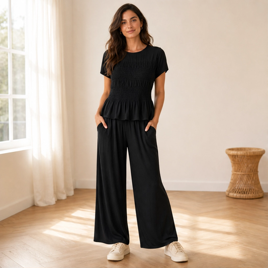Amaryse – Smocked Peplum Top & Wide-Leg Pocket Pants Set + 50% OFF