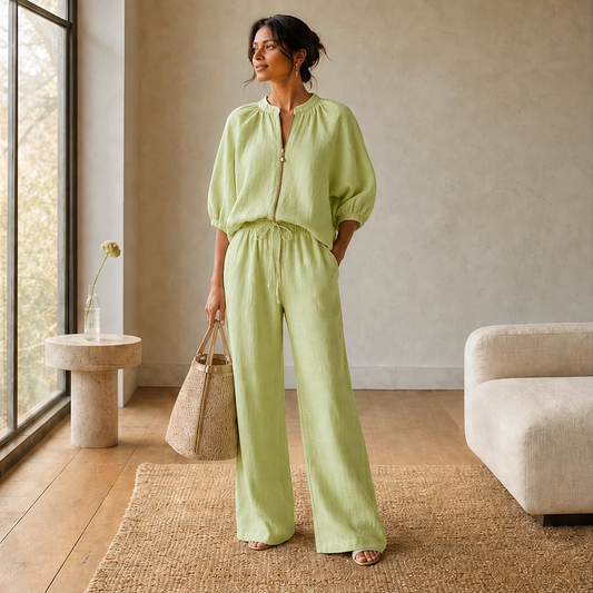 Linfold™ – Drape-Soft 2-Piece Set with Gold Zip & Wide-Leg Pants + 50% OFF