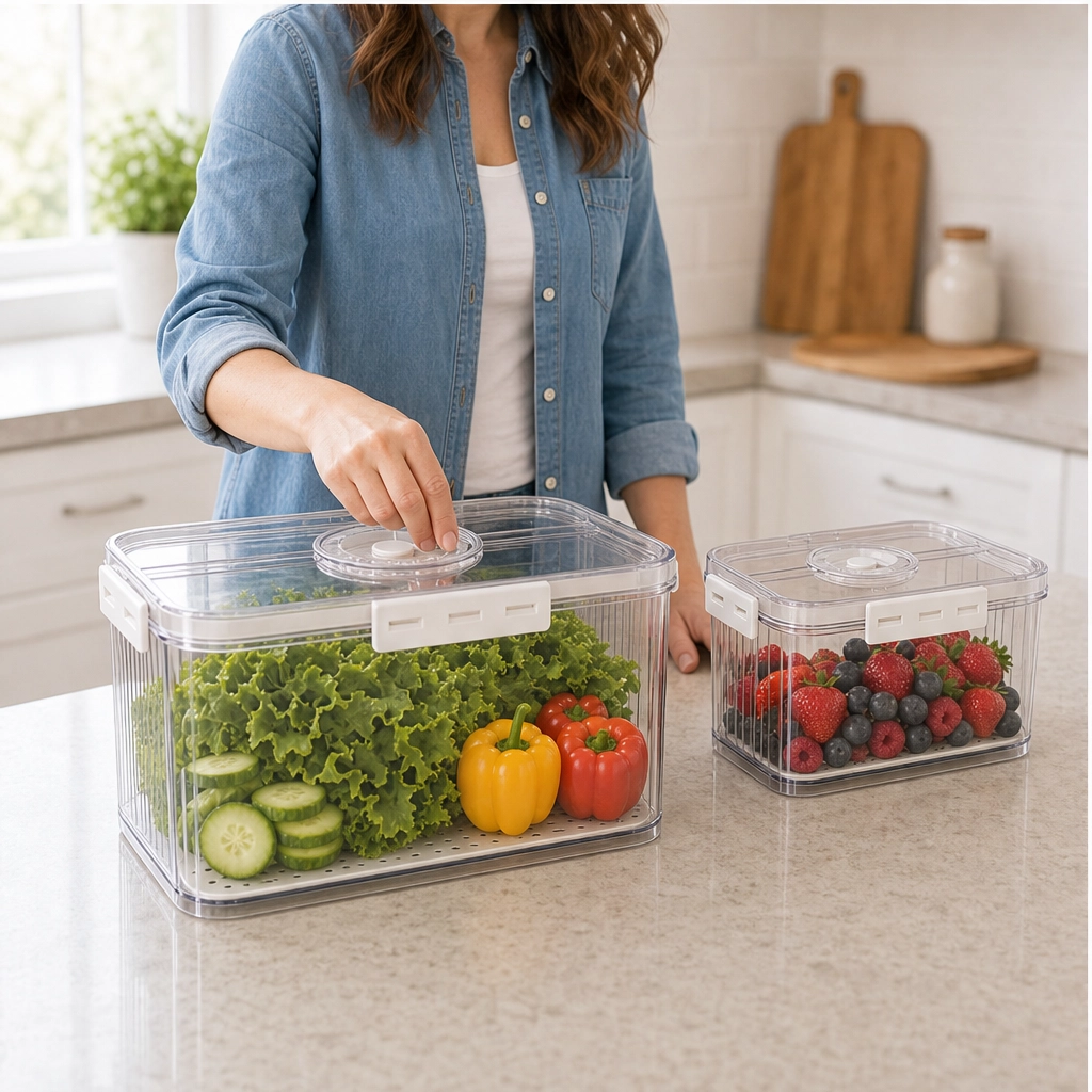 Crispwell™ – Produce Freshness Containers with Date-Dial Timer, Drainage Grid & Airtight Seal + 50% OFF