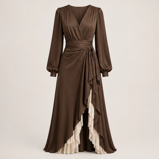 Solenne – Wrap V-Neck Lantern Sleeve Two-Layer Ruffle Slit Maxi Dress + 50% OFF