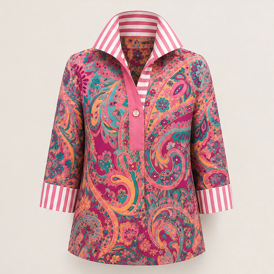 Poplyn – Paisley Popover Shirt with Striped Turn-Back Cuffs + 50% OFF
