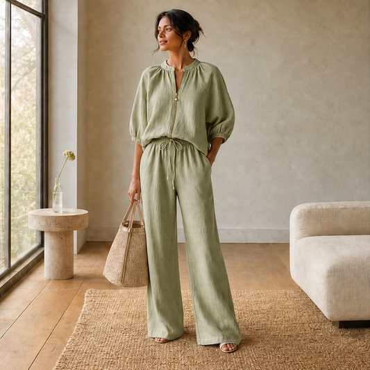 Linfold™ – Drape-Soft 2-Piece Set with Gold Zip & Wide-Leg Pants + 50% OFF