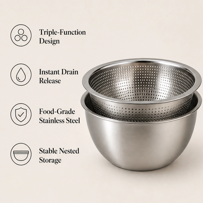 Prepwell – 3-in-1 Stainless Steel Basin with Grater Lid & Drain Basket + 50% OFF
