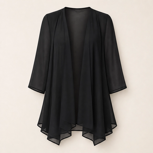 Gossamer – Sheer Chiffon Open-Front Cardigan with 3/4 Sleeves + 50% OFF