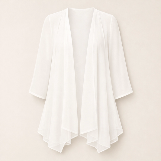 Gossamer – Sheer Chiffon Open-Front Cardigan with 3/4 Sleeves + 50% OFF
