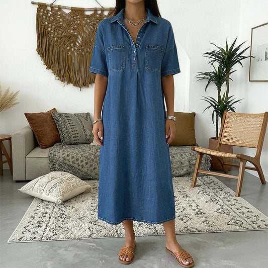 Chambry – Soft Denim Midi Shirt Dress with Pockets, Relaxed A-Line Fit + 50% OFF