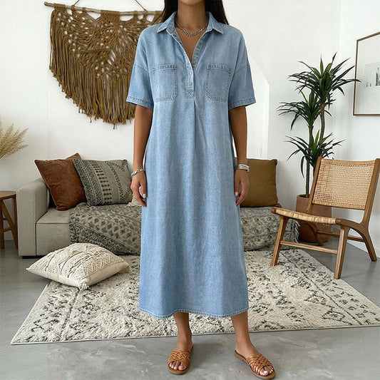 Chambry – Soft Denim Midi Shirt Dress with Pockets, Relaxed A-Line Fit + 50% OFF