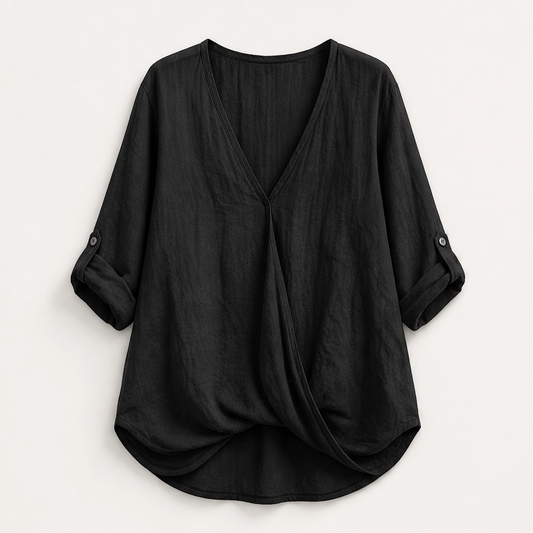 Solene – Twist-Front V-Neck Cotton-Linen Top + 50% OFF
