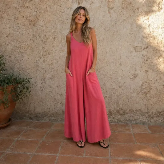 Sundra™ – Cotton-Linen Wide-Leg Jumpsuit with Pockets & Adjustable Straps + 50% OFF