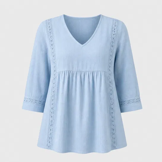 Lacelle™ – Lace-Trim V-Neck Empire-Waist Top with 3/4 Sleeves + 50% OFF