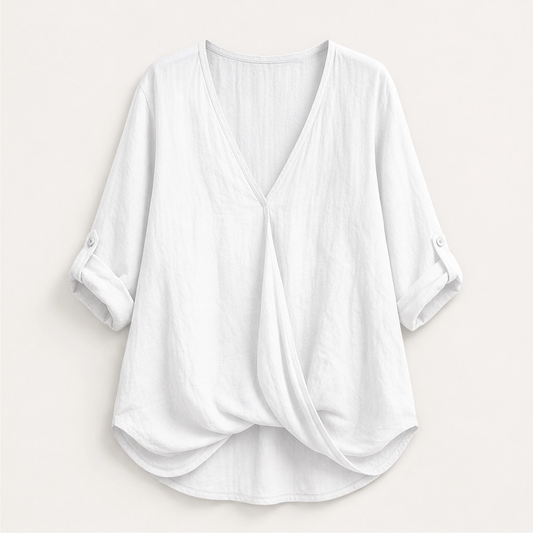 Solene – Twist-Front V-Neck Cotton-Linen Top + 50% OFF