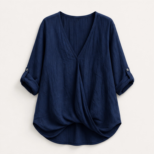 Solene – Twist-Front V-Neck Cotton-Linen Top + 50% OFF
