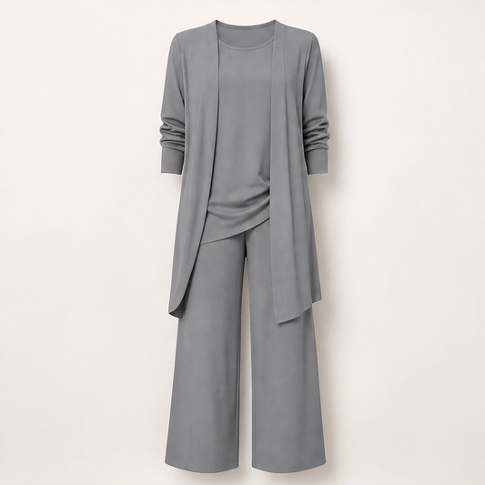 Velasera – Relaxed-Fit Layered Duster, Top & Wide-Leg Pants 3-Piece Set + 50% OFF