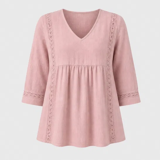 Lacelle™ – Lace-Trim V-Neck Empire-Waist Top with 3/4 Sleeves + 50% OFF