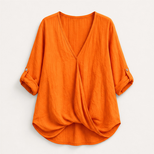 Solene – Twist-Front V-Neck Cotton-Linen Top + 50% OFF