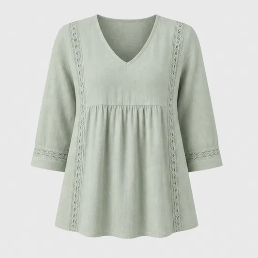 Lacelle™ – Lace-Trim V-Neck Empire-Waist Top with 3/4 Sleeves + 50% OFF