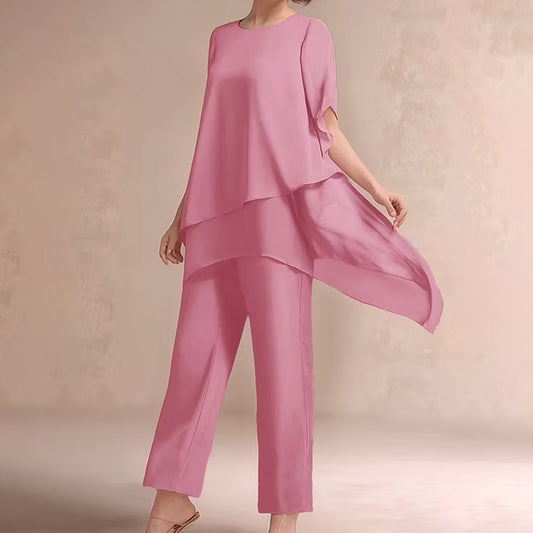 Solenne – Double-Layer Chiffon Top & Wide-Leg Pants Set + 50% OFF
