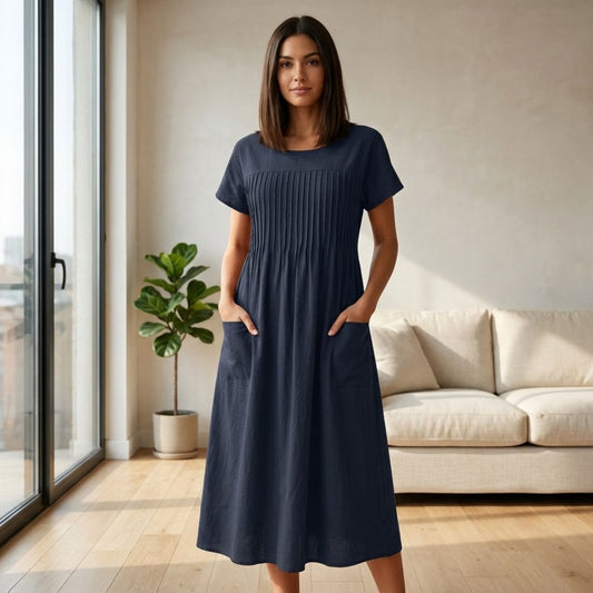 Linwell™ – Pleated Midi Dress with Pockets & Soft Drape Fit + 50% OFF
