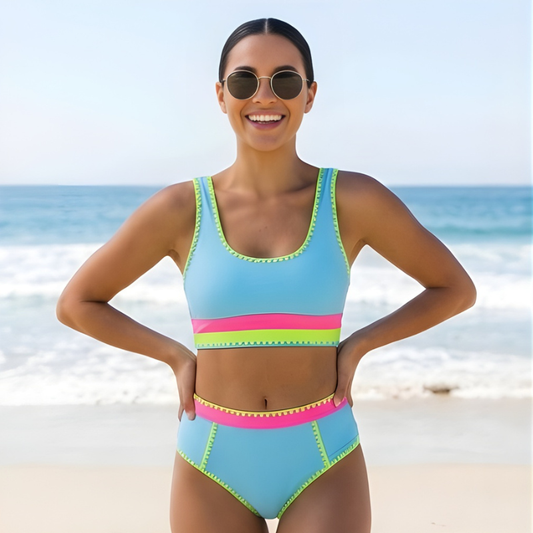 Coralette™ – High Waist Tummy Control Color Block Sporty 3-Piece Bikini Set + 50% OFF