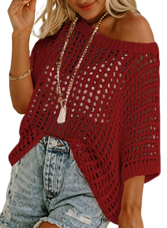 Womens Summer Scoop Neck ShortSleeve Sweater Casual Crochet Hollow Out KnitTops - 50% OFF