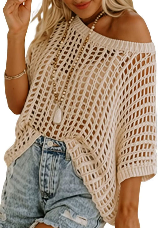 Womens Summer Scoop Neck ShortSleeve Sweater Casual Crochet Hollow Out KnitTops - 50% OFF