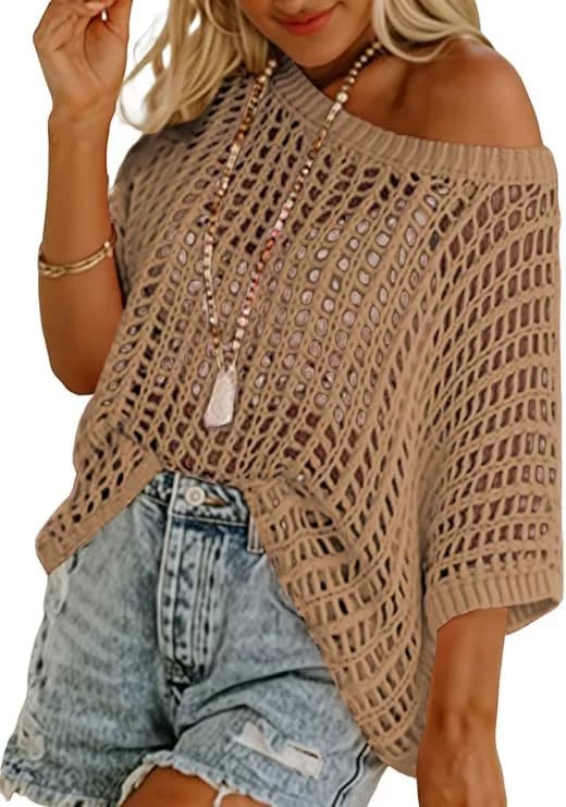 Womens Summer Scoop Neck ShortSleeve Sweater Casual Crochet Hollow Out KnitTops - 50% OFF