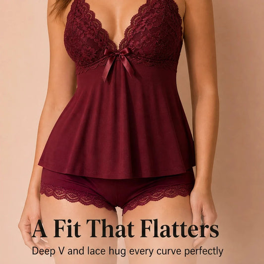 Velisse – Lace-Trim V-Neck Cami & Shorts Sleepwear Set + 1+1 FREE