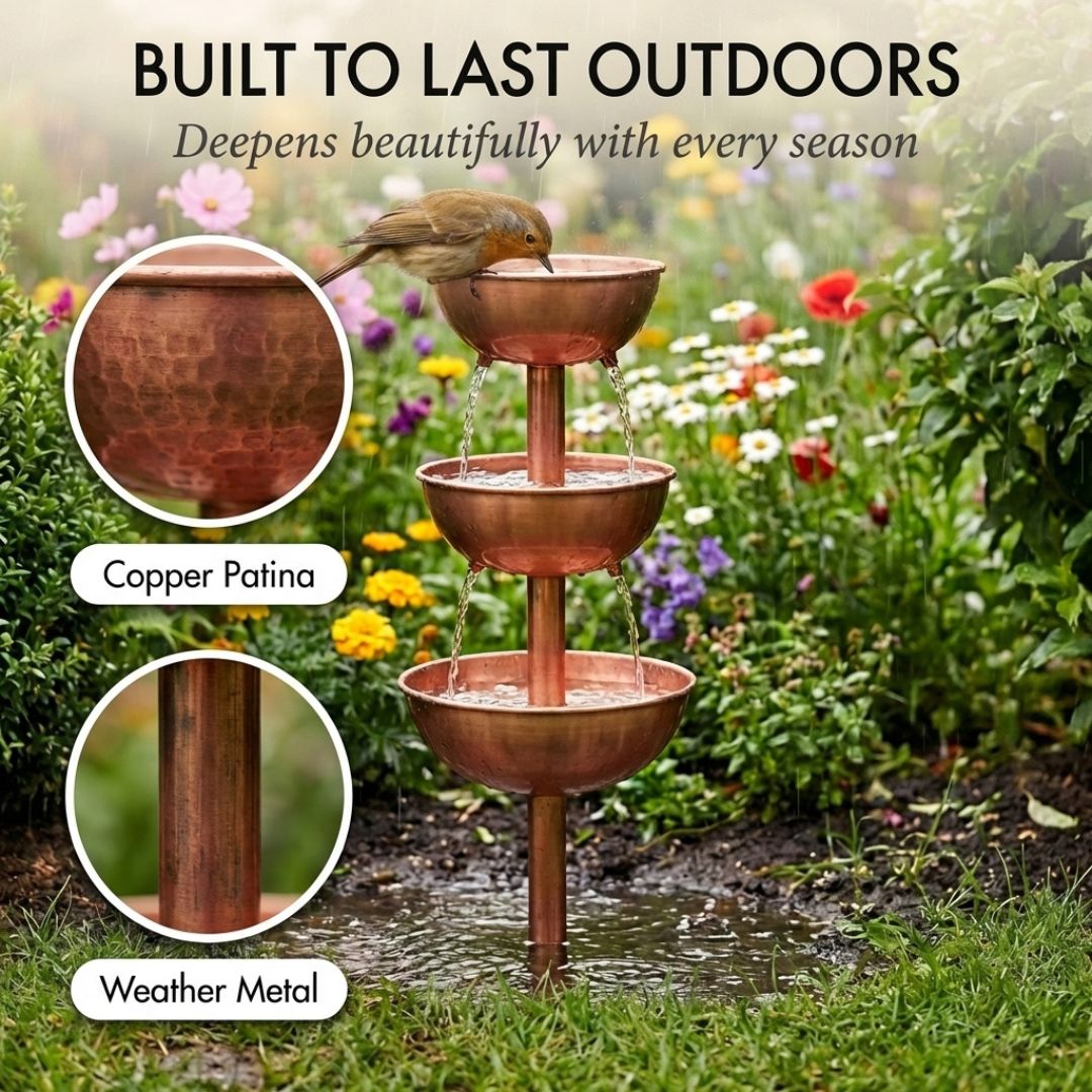 Rivecroft™ – 3-Tier Cascading Rain Catcher Garden Stake | Rustic Copper Patina | Attracts Birds & Pollinators + 50% OFF