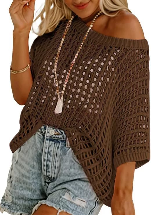 Womens Summer Scoop Neck ShortSleeve Sweater Casual Crochet Hollow Out KnitTops - 50% OFF