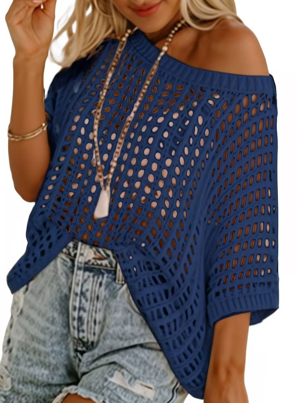 Womens Summer Scoop Neck ShortSleeve Sweater Casual Crochet Hollow Out KnitTops - 50% OFF